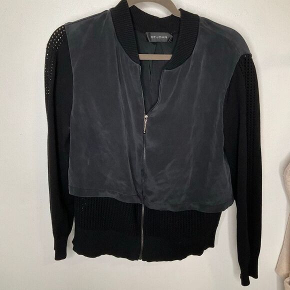 ST. JOHN COLLECTION Stretch Mesh Bomber Jacket Caviar - Picture 4 of 11